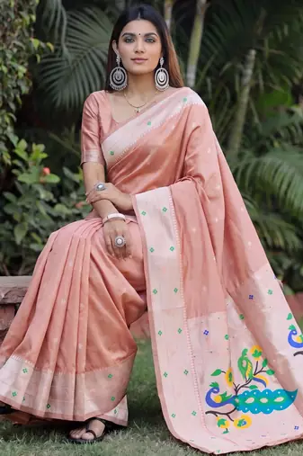 BEIGE ART SILK JACUARD WORK SAREE WITH UNSTITCHED BLOUSE PIECE