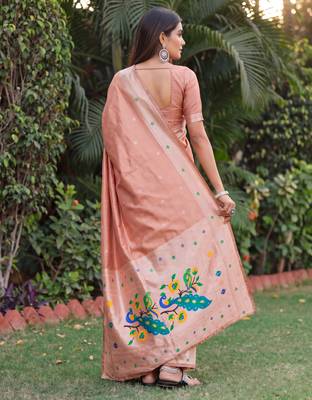 BEIGE ART SILK JACUARD WORK SAREE WITH UNSTITCHED BLOUSE PIECE 3