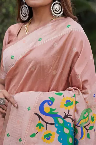 BEIGE ART SILK JACUARD WORK SAREE WITH UNSTITCHED BLOUSE PIECE