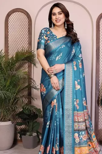 blue zari weaving border work cotton blend saree