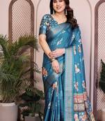 blue color zari weaving border work cotton blend saree