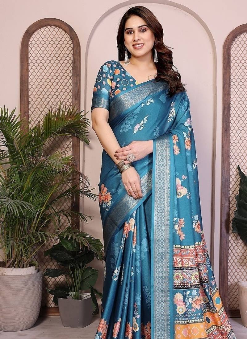 blue color zari weaving border work cotton blend saree
