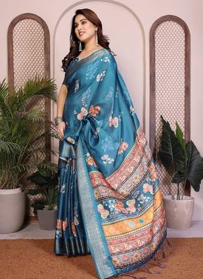 blue color zari weaving border work cotton blend saree 2