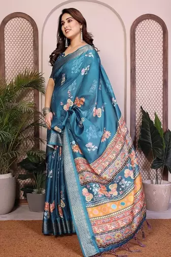 blue zari weaving border work cotton blend saree