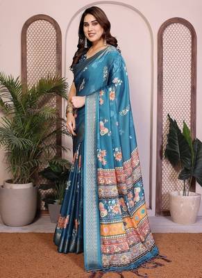 blue color zari weaving border work cotton blend saree 3