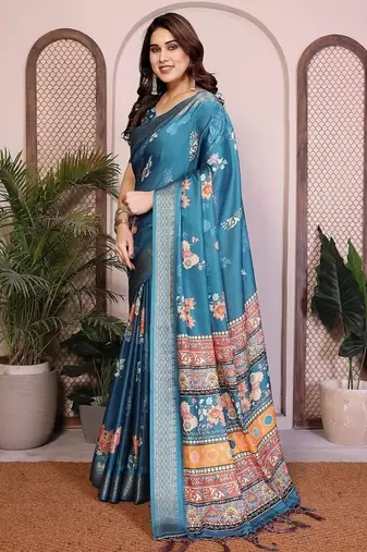 blue zari weaving border work cotton blend saree
