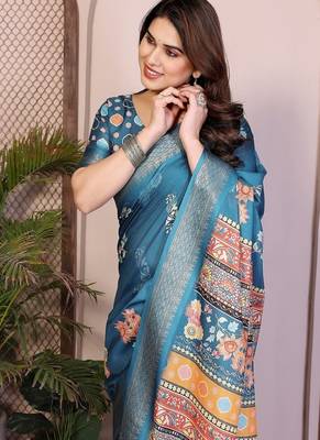 blue color zari weaving border work cotton blend saree 4
