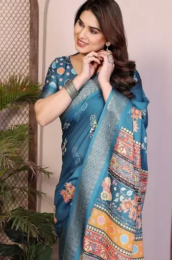 blue zari weaving border work cotton blend saree