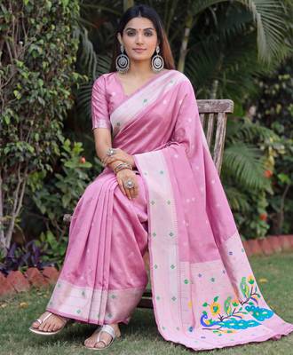 LIGHT PINK ART SILK JACUARD WORK SAREE WITH UNSTITCHED BLOUSE PIECE 2