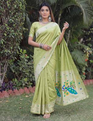 PARROT GREEN ART SILK JACUARD WORK SAREE WITH UNSTITCHED BLOUSE PIECE 1