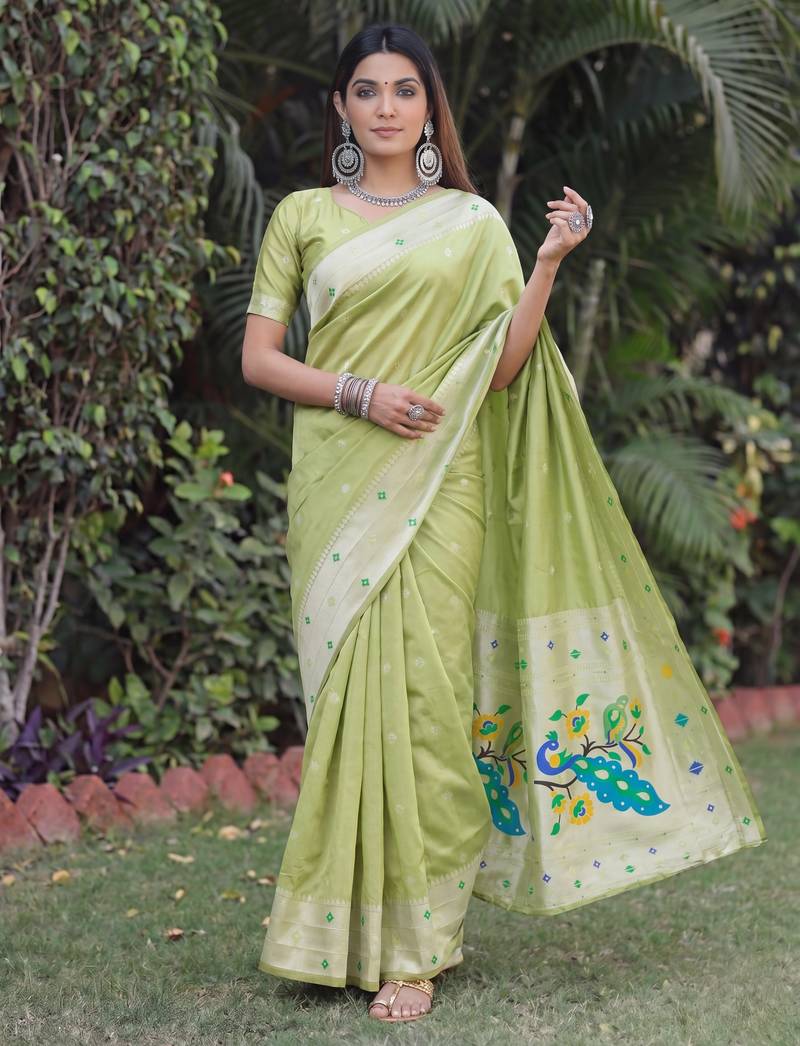 PARROT GREEN ART SILK JACUARD WORK SAREE WITH UNSTITCHED BLOUSE PIECE