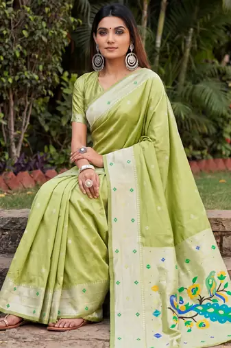 PARROT GREEN ART SILK JACUARD WORK SAREE WITH UNSTITCHED BLOUSE PIECE