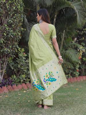 PARROT GREEN ART SILK JACUARD WORK SAREE WITH UNSTITCHED BLOUSE PIECE 3