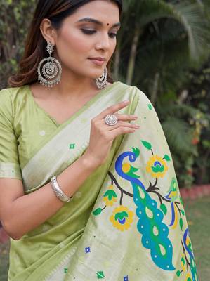 PARROT GREEN ART SILK JACUARD WORK SAREE WITH UNSTITCHED BLOUSE PIECE 4