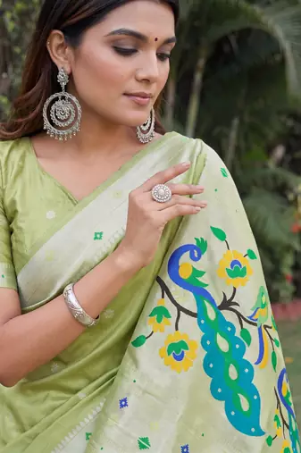 PARROT GREEN ART SILK JACUARD WORK SAREE WITH UNSTITCHED BLOUSE PIECE