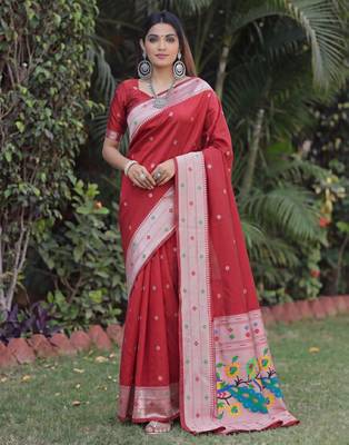 RED ART SILK JACUARD WORK SAREE WITH UNSTITCHED BLOUSE PIECE 1