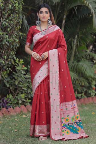 RED ART SILK JACUARD WORK SAREE WITH UNSTITCHED BLOUSE PIECE