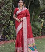 RED ART SILK JACUARD WORK SAREE WITH UNSTITCHED BLOUSE PIECE