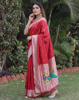 RED ART SILK JACUARD WORK SAREE WITH UNSTITCHED BLOUSE PIECE 2