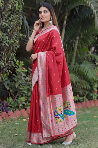 RED ART SILK JACUARD WORK SAREE WITH UNSTITCHED BLOUSE PIECE