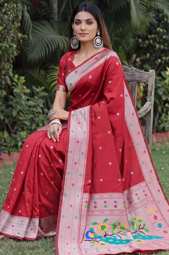 RED ART SILK JACUARD WORK SAREE WITH UNSTITCHED BLOUSE PIECE
