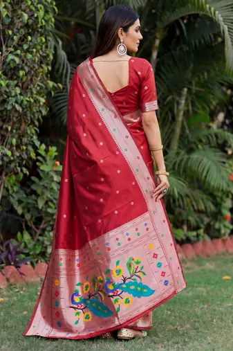 RED ART SILK JACUARD WORK SAREE WITH UNSTITCHED BLOUSE PIECE