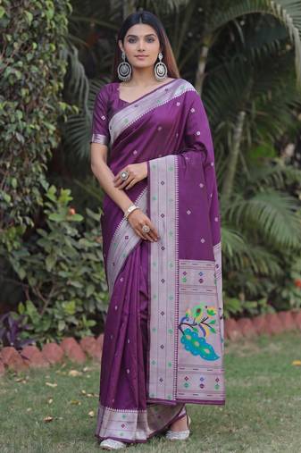 WINE ART SILK JACUARD WORK SAREE WITH UNSTITCHED BLOUSE PIECE