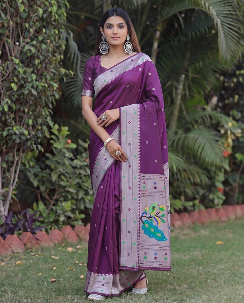 WINE ART SILK JACUARD WORK SAREE WITH UNSTITCHED BLOUSE PIECE