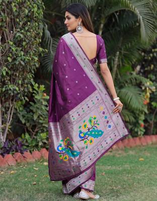 WINE ART SILK JACUARD WORK SAREE WITH UNSTITCHED BLOUSE PIECE 3