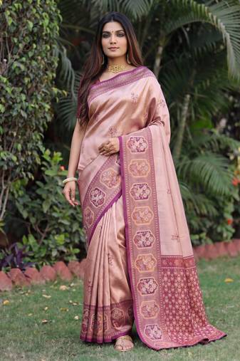 WINE BEIGE ART SILK BANARASI JACUARD WORK SAREE WITH UNSTITCHED BLOUSE PIECE