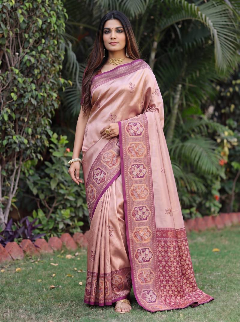 WINE BEIGE ART SILK BANARASI JACUARD WORK SAREE WITH UNSTITCHED BLOUSE PIECE