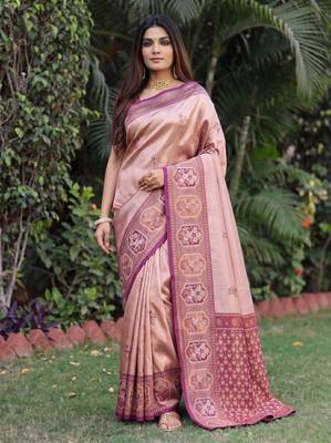 WINE BEIGE ART SILK BANARASI JACUARD WORK SAREE WITH UNSTITCHED BLOUSE PIECE 1