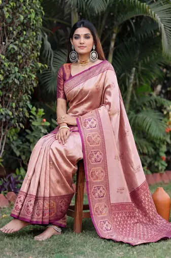 WINE BEIGE ART SILK BANARASI JACUARD WORK SAREE WITH UNSTITCHED BLOUSE PIECE