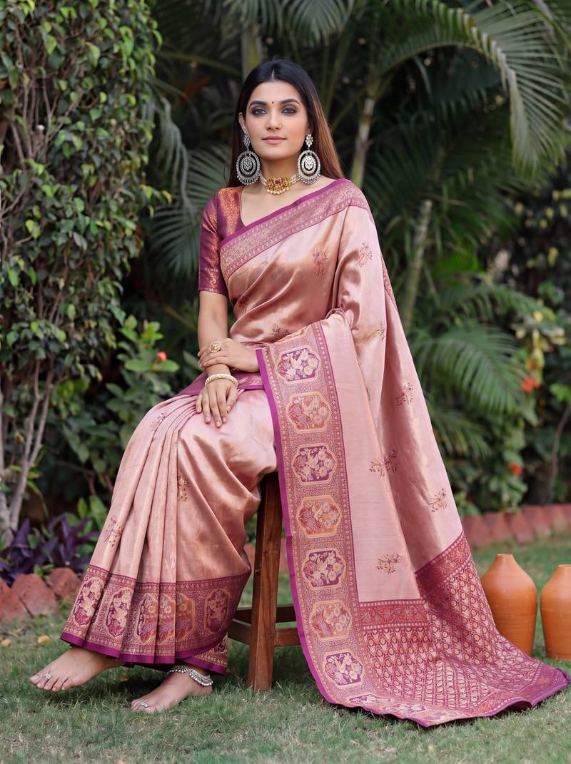 WINE BEIGE ART SILK BANARASI JACUARD WORK SAREE WITH UNSTITCHED BLOUSE PIECE