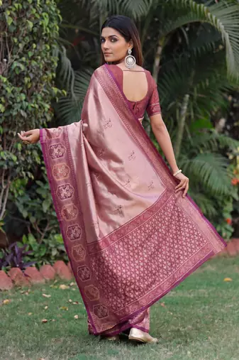 WINE BEIGE ART SILK BANARASI JACUARD WORK SAREE WITH UNSTITCHED BLOUSE PIECE