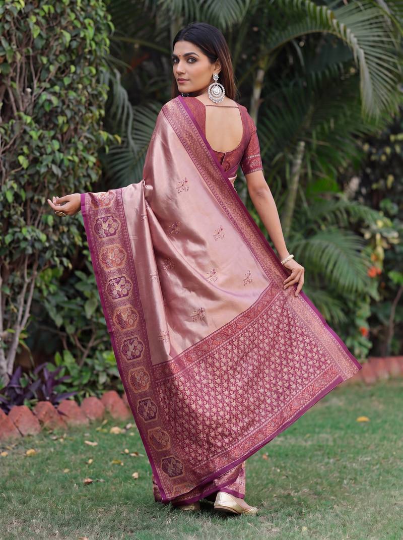 WINE BEIGE ART SILK BANARASI JACUARD WORK SAREE WITH UNSTITCHED BLOUSE PIECE