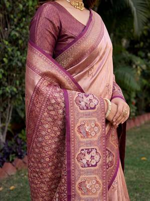 WINE BEIGE ART SILK BANARASI JACUARD WORK SAREE WITH UNSTITCHED BLOUSE PIECE 4