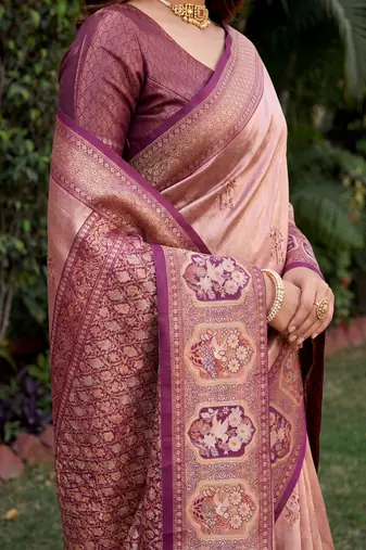 WINE BEIGE ART SILK BANARASI JACUARD WORK SAREE WITH UNSTITCHED BLOUSE PIECE