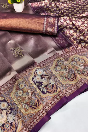 WINE BEIGE ART SILK BANARASI JACUARD WORK SAREE WITH UNSTITCHED BLOUSE PIECE