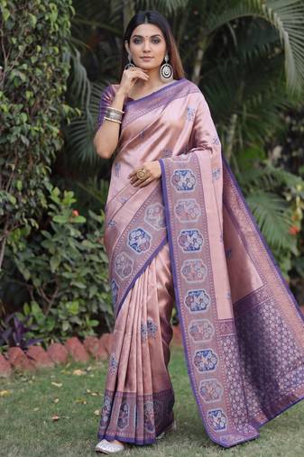 BLUE RAMA ART SILK JACUARD WORK SAREE WITH UNSTITCHED BLOUSE PIECE