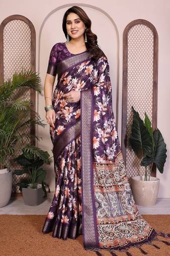 purple zari weaving border work cotton blend saree
