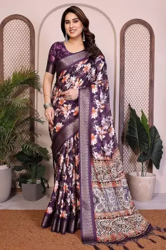 purple color zari weaving border work cotton blend saree