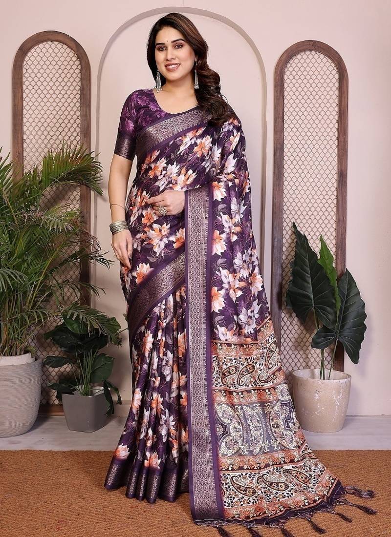 purple color zari weaving border work cotton blend saree