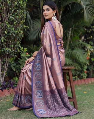 BLUE RAMA ART SILK JACUARD WORK SAREE WITH UNSTITCHED BLOUSE PIECE 2