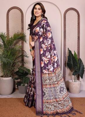 purple color zari weaving border work cotton blend saree 2