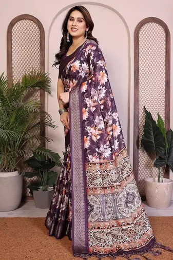 purple color zari weaving border work cotton blend saree
