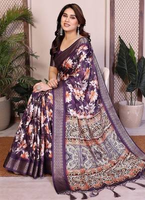purple color zari weaving border work cotton blend saree 3