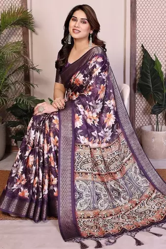 purple color zari weaving border work cotton blend saree