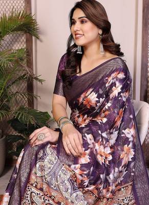 purple color zari weaving border work cotton blend saree 4
