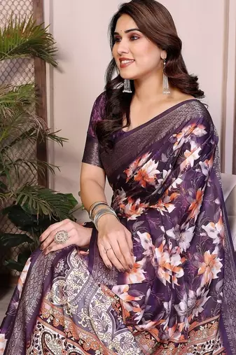 purple color zari weaving border work cotton blend saree